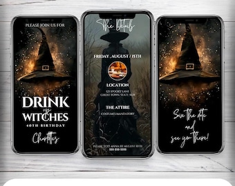 ハロウィン誕生日招待状：魔女たちよ、乾杯！（編集可能なデジタルダウンロード）