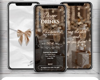 Animated White Dinner & Drinks Invitation, Birthday Dinner Invitation, Editable Dinner Party Digital Video Invite, Elegant Wax Seal