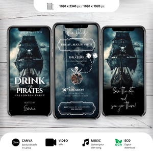 以下が含まれることがあります： 3つのスマートフォンに、海賊をテーマにしたハロウィーンパーティーの招待状が表示されています。デザインには海賊船、ドクロと交差した骨、そして「Drink Up Pirates」というテキストが含まれています。招待状にはイベントの詳細とRSVP情報が記載されています。