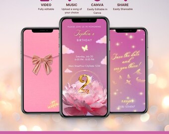 May include: A pink and gold digital invitation for a 2nd birthday party. The invitation features a pink flower with a gold number 2, a pink bow, and a butterfly. The text on the invitation reads "Please join us in honoring Tephia's 2nd Birthday. Saturday, July 20, 6:00 PM - 8:00 PM, Main Street, Your City, State 1234".