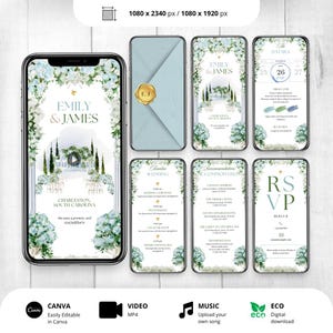 May include: A digital wedding invitation suite displayed on smartphones and a light blue envelope. The invitation features floral accents, the names "Emily & James", and event details. The suite includes RSVP, accommodation, and wedding details.