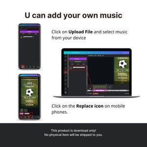 The image is a promotional advertisement for a mobile music application that allows users to add their own music to their devices. It features a smartphone and a laptop displaying the app's interface, along with instructions on how to add music to the devices.