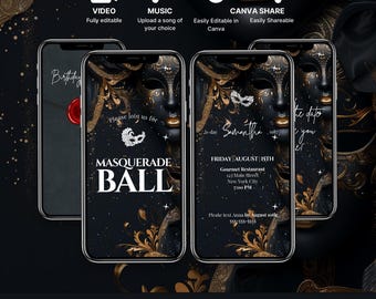 Animated Masquerade Ball Birthday Invitation, Editable Black Digital Template with Elegant Wax Seal, Instant Download Canva, Masked