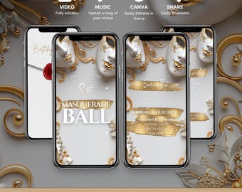 Może przedstawiać: Cyfrowe zaproszenie na bal maskowy w kolorze złotym i białym. Zaproszenie przedstawia parę masek balowych i tekst "Masquerade Ball" złotymi literami. Zaproszenie zawiera również datę, godzinę i miejsce wydarzenia.