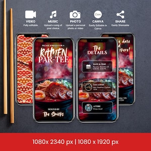 Animated Editable Ramen Party, Digital Invitation, Japanese Par-tee Dinner, Instant Download, Online Invite Template, Food theme