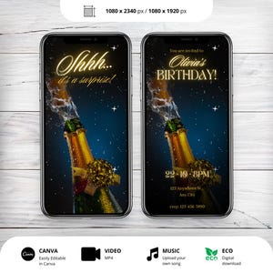 Animated Surprise Party Invitation: Champagne Pop, Elegant Celebration (Digital Download)