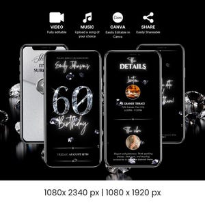 Invitación en video animada para el 60.° cumpleaños, brillo de diamante, plantilla editable para fiesta de lujo en tonos plateados, fiesta sorpresa para mujeres