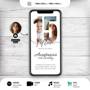 Geanimeerde vijftiende verjaardagsfeestje uitnodigen 15e verjaardag boho uitnodiging woestijn thema vijftien jaar oude digitale bewerkbare sjabloon met foto
