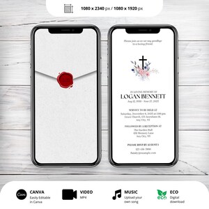 Op de afbeelding: Een digitale herdenkingsuitnodiging voor Logan Bennett. De uitnodiging toont een witte envelop met een rode waszegel, een kruis met bloemmotieven en de tekst "Ter nagedachtenis aan Logan Bennett, 12 augustus 1950 - 27 november 2025". De uitnodiging bevat details voor de dienst en de receptie, evenals een RSVP-deadline.