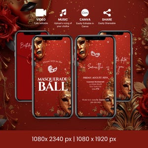 Animated Masquerade Ball Birthday Invitation, Editable Red Digital Template with Elegant Wax Seal, Instant Download Canva, Masked