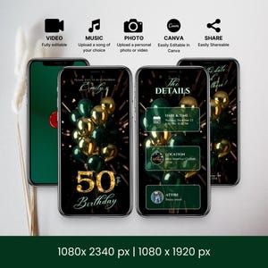Invitación en video animada para el 50.° cumpleaños, globos, plantilla de invitación editable de lujo en tonos verdes y dorados, letra con sello de cera