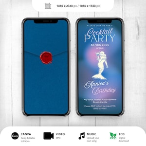 Faire-part d'anniversaire animé cocktail, invitation de sirène modifiable minimaliste moderne, dessiné à la main, 30e, 40e, 50e, modèle en ligne
