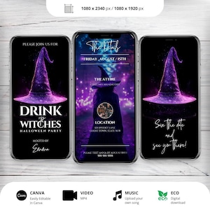 Invitación a fiesta de Halloween: ¡Beban, brujas! - Animada, editable en Canva