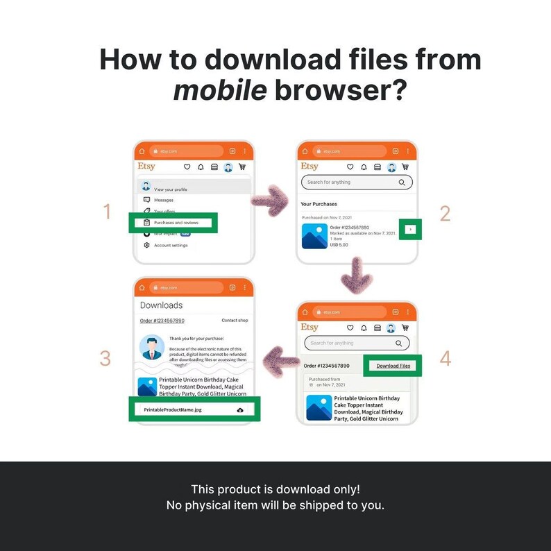 The image is a step-by-step guide on how to download files from a mobile browser, specifically from the eBay marketplace. It shows the process of viewing, purchasing, and downloading items from the eBay website.