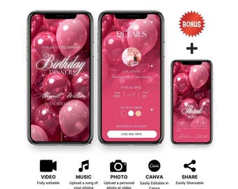 Rosa Geburtstagsfeier-Einladung: Bearbeitbare Telefonvorlage (Digitaler Download)