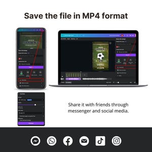The image is a collage of a smartphone displaying a Facebook page and a laptop showing a video player. The text in the image instructs the user to save the file in MP4 format and to share it with friends through messenger and social media.