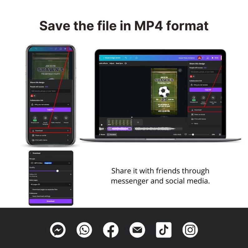 The image is a collage of a smartphone displaying a Facebook page and a laptop showing a video player. The text in the image instructs the user to save the file in MP4 format and to share it with friends through messenger and social media.