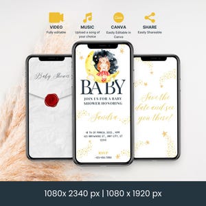 Invitación animada para baby shower de niña / Invitación digital para baby shower de niña con diseño de luna en acuarela / Plantilla editable de Canva / Descarga instantánea