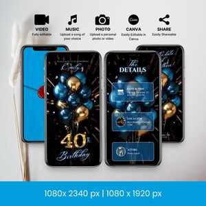 Invitación en video animada para el 40.° cumpleaños, globos, plantilla de invitación editable de lujo en azul y dorado, letra con sello de cera