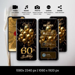 Invitación en video animada para el 60.° cumpleaños, globos, plantilla de invitación editable de lujo con detalles dorados, letra con sello de cera