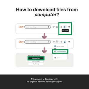 以下が含まれることがあります： Etsy.com からデジタルファイルをダウンロードする方法を示すスクリーンショットです。手順は以下のとおりです。1. Etsyアカウントにログインします。2. 購入履歴とレビューに移動します。3. 「ダウンロード準備完了」ボタンをクリックします。4. 「ファイルをダウンロード」ボタンをクリックします。この商品はダウンロードのみです！物理的な商品は発送されません。