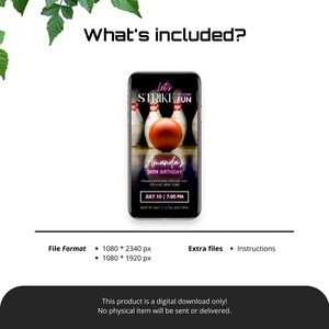 The image is a digital download of a bowling-themed birthday party invitation.