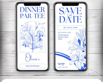 Blue Floral Dinner Party Invitation: Hand-Drawn Design (Digital Download)