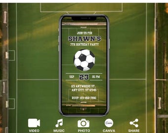 Invito di compleanno a tema calcio animato: modello di invito digitale per dispositivi mobili (download digitale)