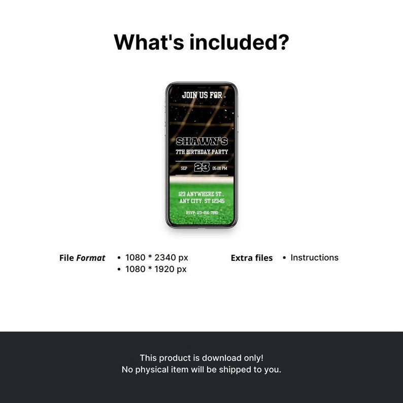 The image is a smartphone displaying an invitation for a 7th birthday party.