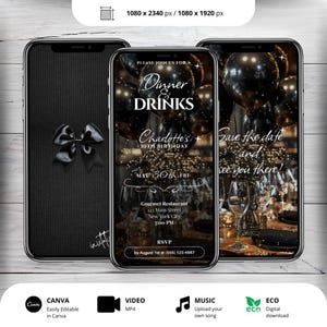 Op de afbeelding: Een digitale uitnodiging in zwart en goud voor een 30e verjaardagsfeest. De uitnodiging heeft een zwarte achtergrond met gouden tekst en afbeeldingen. De tekst luidt "Dinner & Drinks Charlotte's 30e verjaardag Mei 30e Vr Gourmet Restaurant 123 Main Street New York City 19:00 uur RSVP vóór 1 augustus op (555) 123-4567". De uitnodiging bevat ook een zwarte strik en een afbeelding van een tafeldecoratie met zwarte en gouden decoraties.
