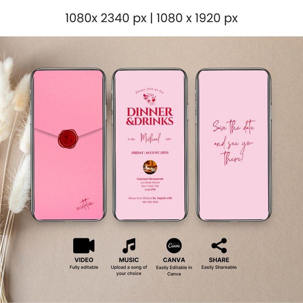 Pink Dinner & Drinks Invitation: Minimalist Video Party Invite (Digital)