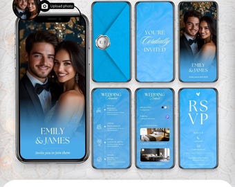 Wedding Invitation: Animated Blue and White Design (Digital Canva Template)