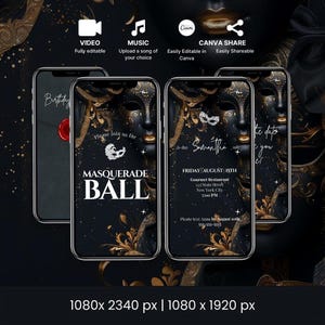Masquerade Birthday Invitation, Black & Gold (Editable Canva Template)