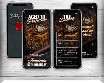 Faire-part d'anniversaire cigare whisky, invitation homme animée (téléchargement numérique)