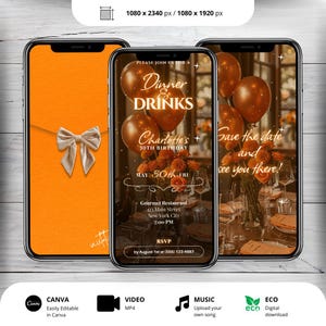 Convite animado para jantar e bebidas em laranja, convite para jantar de aniversário, convite digital editável para jantar, lacre de cera elegante