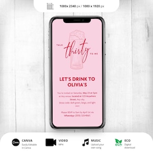 Geanimeerde verjaardagsfeestje digitale uitnodiging sjabloon handgeschreven geïllustreerd bierglas thema-uitnodiging Instant download 21e 30e 40e