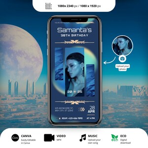 May include: A digital invitation for a 30th birthday party with a futuristic theme. The invitation features a blue and purple gradient background with a large moon in the background. The text "Samanta's 30th Birthday" is displayed in a gold font. The invitation also includes a date and time for the party, as well as a place to upload a photo.