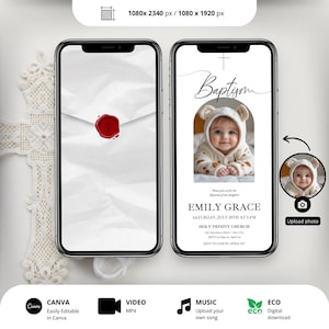 Animated Baptism Invitation: Boho First Communion Template (Digital Download, Editable in Canva)