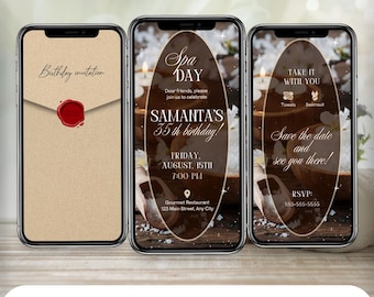 May include: A digital invitation for a spa day birthday party. The invitation features a brown background with a gold circle containing the text "Spa Day" and "Samanta's 35th birthday!" The invitation also includes the date, time, and location of the party.