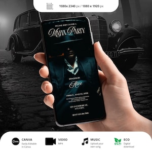 Op de afbeelding: Een smartphone toont een uitnodiging voor een "Mafia Party", met een oldtimer op de achtergrond. De uitnodiging toont een persoon in pak en hoed. Tekst bevat "Hosted by Alice", datum, tijd en RSVP-informatie. De telefoon wordt door een persoon vastgehouden.