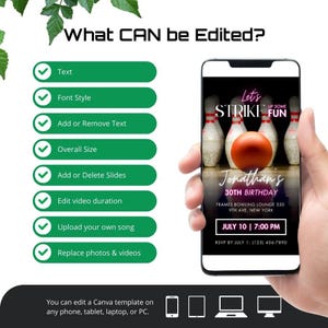 The image is a promotional image for a birthday party invitation featuring a bowling theme. It shows a person holding a smartphone displaying the invitation, along with a list of options for editing the invitation.