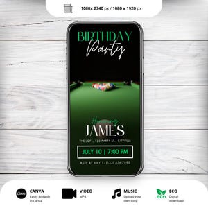 Inbjudan till biljardfest: Redigerbar e-inbjudan till biljardbord (digital nedladdning)