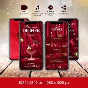 Invitación animada a la cena de Navidad, invitación editable a la fiesta de Navidad, plantilla digital para la cena navideña, descarga instantánea, descarga instantánea