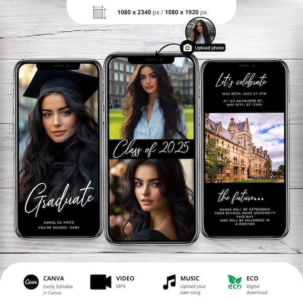 Black Graduation Invitation Template: Modern Photo Invite (Digital Download)