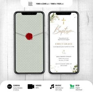 Invitación de bautismo animada minimalista verde para primera comunión, invitación telefónica bohemia, plantilla digital editable moderna con sello de lacre.