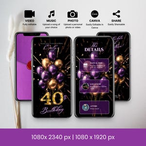 Invitación en video animada para el 40.° cumpleaños, globos, plantilla de invitación editable de lujo en tonos morados y dorados, letra con sello de cera