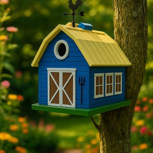 Könnte beinhalten: Ein blaues und gelbes Vogelhaus in Form einer Scheune mit einem Hahn als Wetterfahne auf dem Dach. Das Vogelhaus ist an einem Baumstamm befestigt.