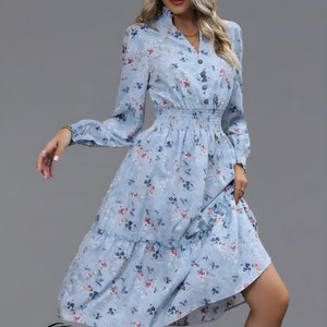 Women Floral Summer Midi Dress, Print V-neck Casual Dress, Boho Summer Beach Dress, Elegant Loose Party Dress Light Blue