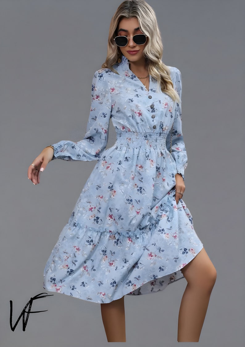 Women Floral Summer Midi Dress, Print V-neck Casual Dress, Boho Summer Beach Dress, Elegant Loose Party Dress Light Blue