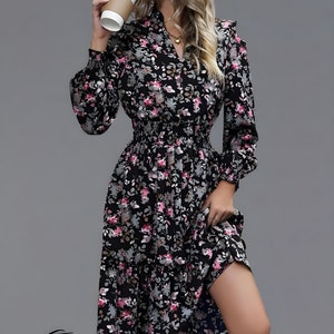 Robe midi d'été à fleurs pour femme, robe décontractée imprimée à col en V, robe de plage d'été bohème, robe de soirée ample et élégante Noir